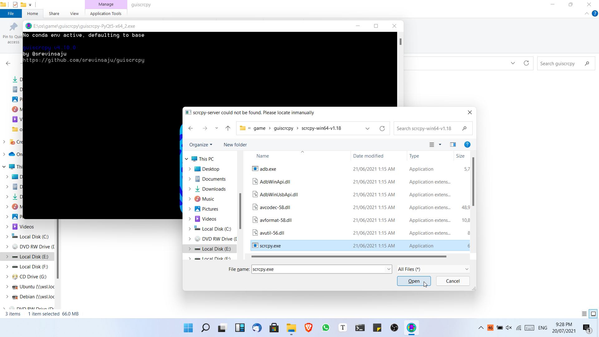 Select scrcpy.exe