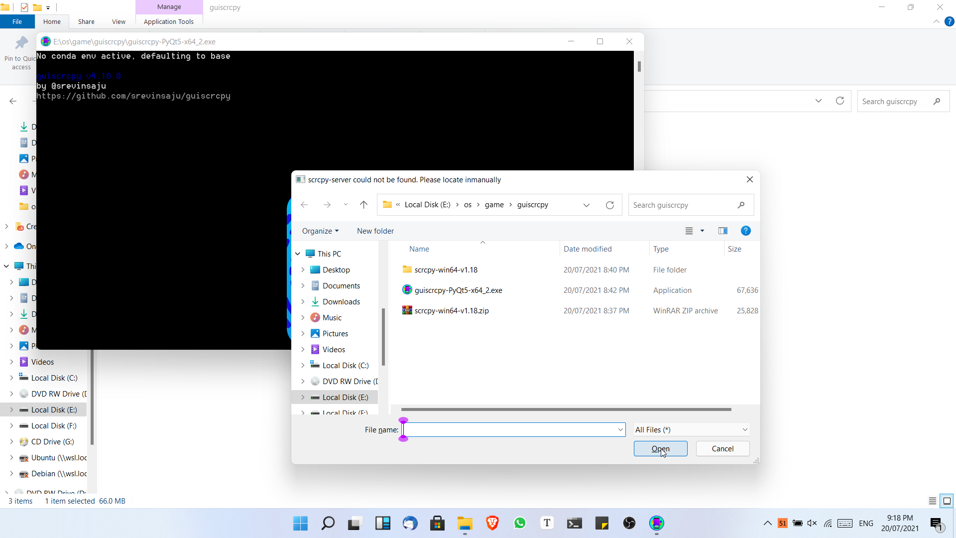 Select scrcpy.exe